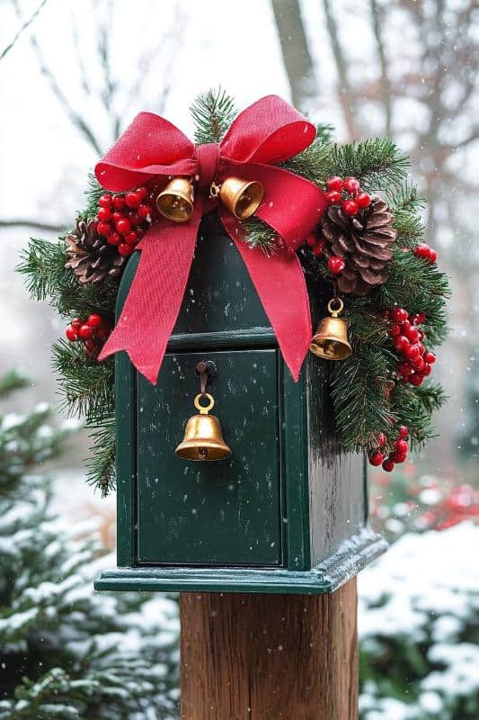 Dark Green Wooden Mailbox with Red Bow, Pine Garland, and Gold Bells — Christmas Mailbox Decor