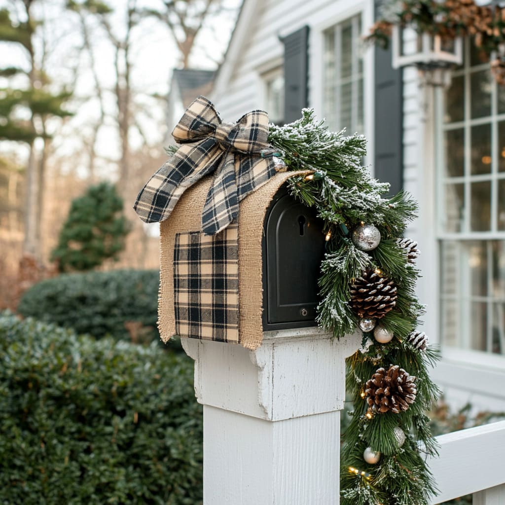 Farmhouse Charm: Burlap Wrap and Plaid Bow Accent on Mailbox — Christmas Mailbox Decor