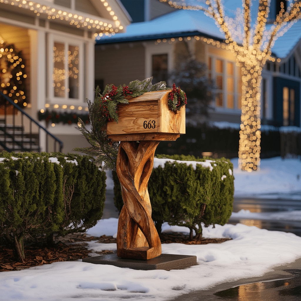 Farmhouse Wooden Mailbox on a Twisted Wood Post with Mini Wreaths — Christmas Mailbox Decor