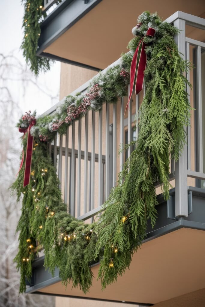 Evergreen Garland with Red Bows and Frosted Berries — Christmas Balcony Decor