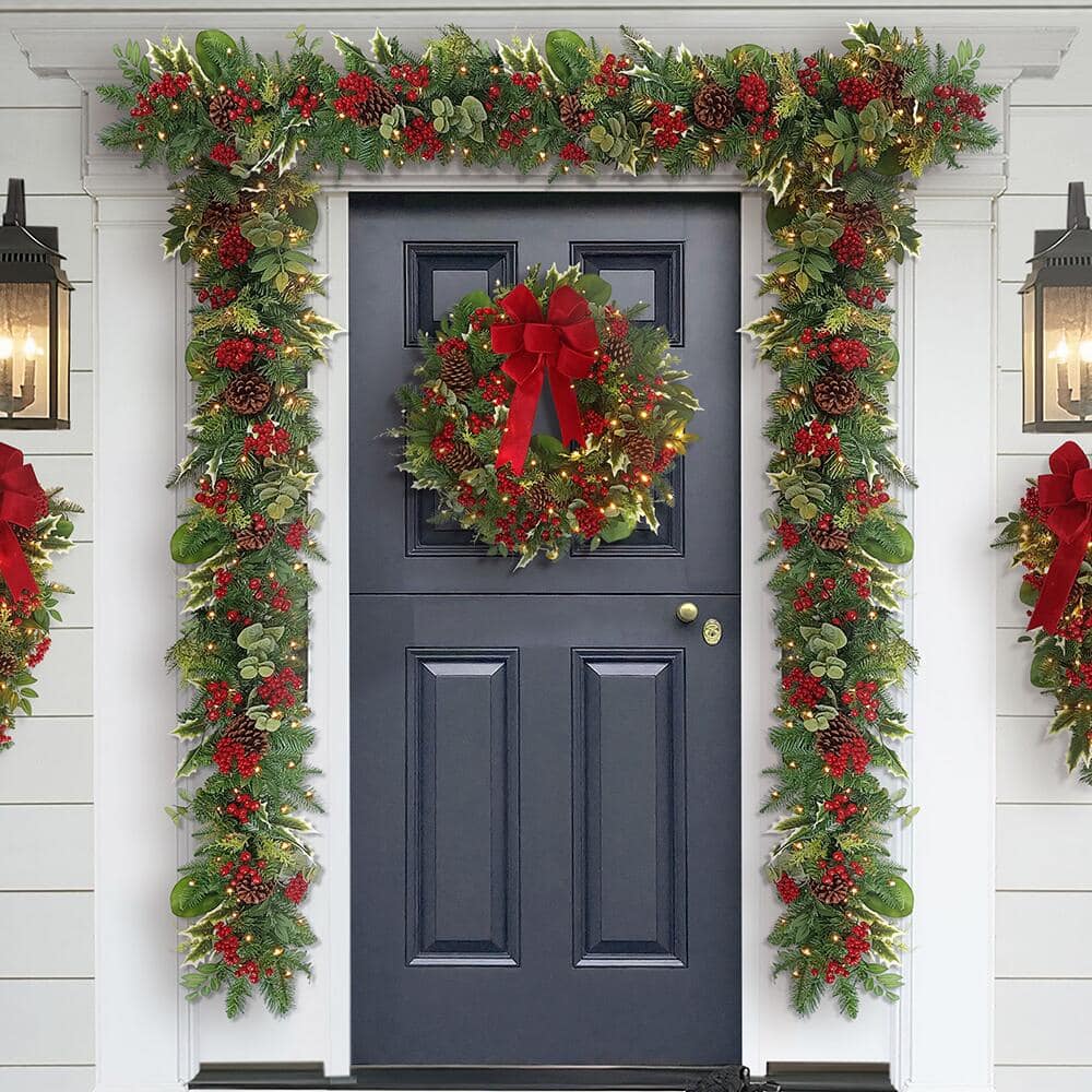 Festive Wreath and Garland on a Blue Front Door — Christmas Wreath
