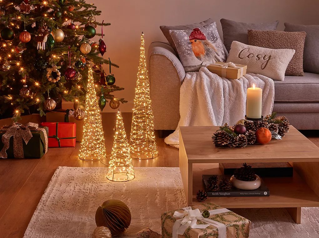 Cozy Corner with Illuminated Wire Cone Trees — Christmas Lights Indoor