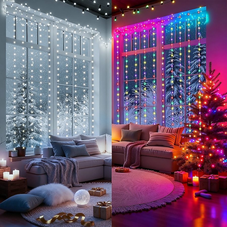 Split View: Cascading Window Lights and Colorful Tree — Christmas Lights Indoor