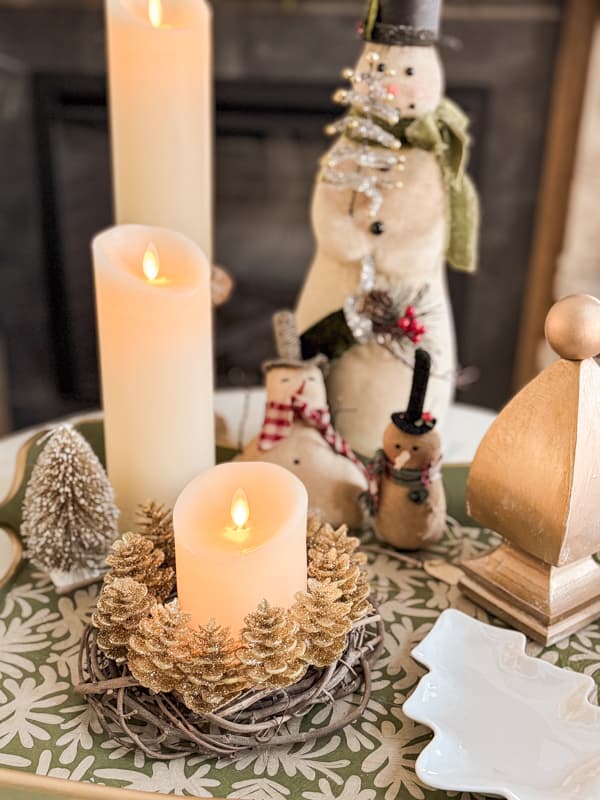 Rustic LED Candle in Grapevine Wreath with Snowman Figures — Christmas Candle Decor