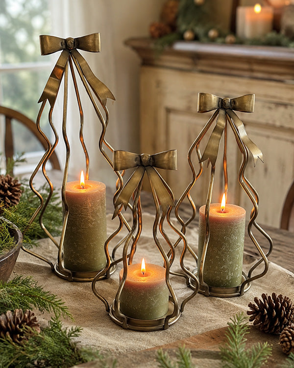 Metal Christmas Tree Candle Holders, Set of 3 Graduated Bow Pillar Sta - Decor Steals