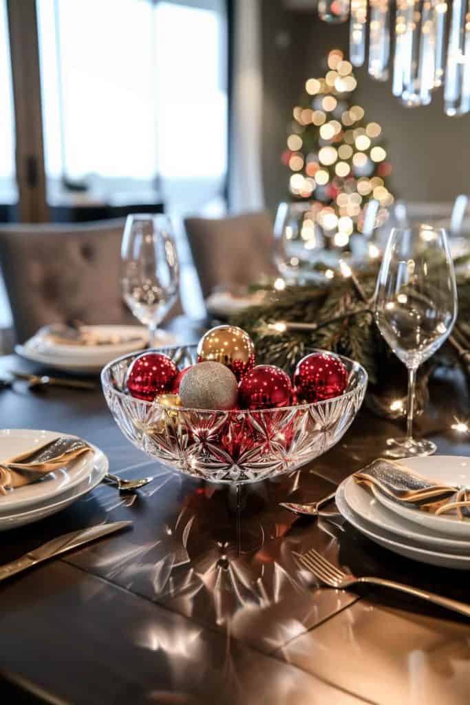 Crystal Bowl Centerpiece with Red and Gold Ornaments — Christmas Centerpiece
