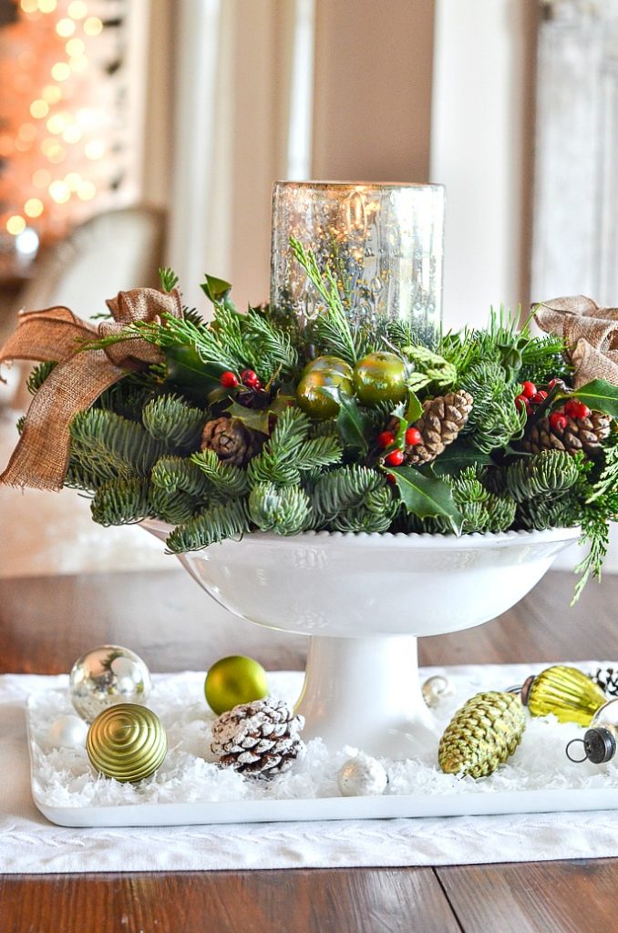 Festive Cake Stand Arrangement with Ornaments and Burlap — Christmas Centerpiece