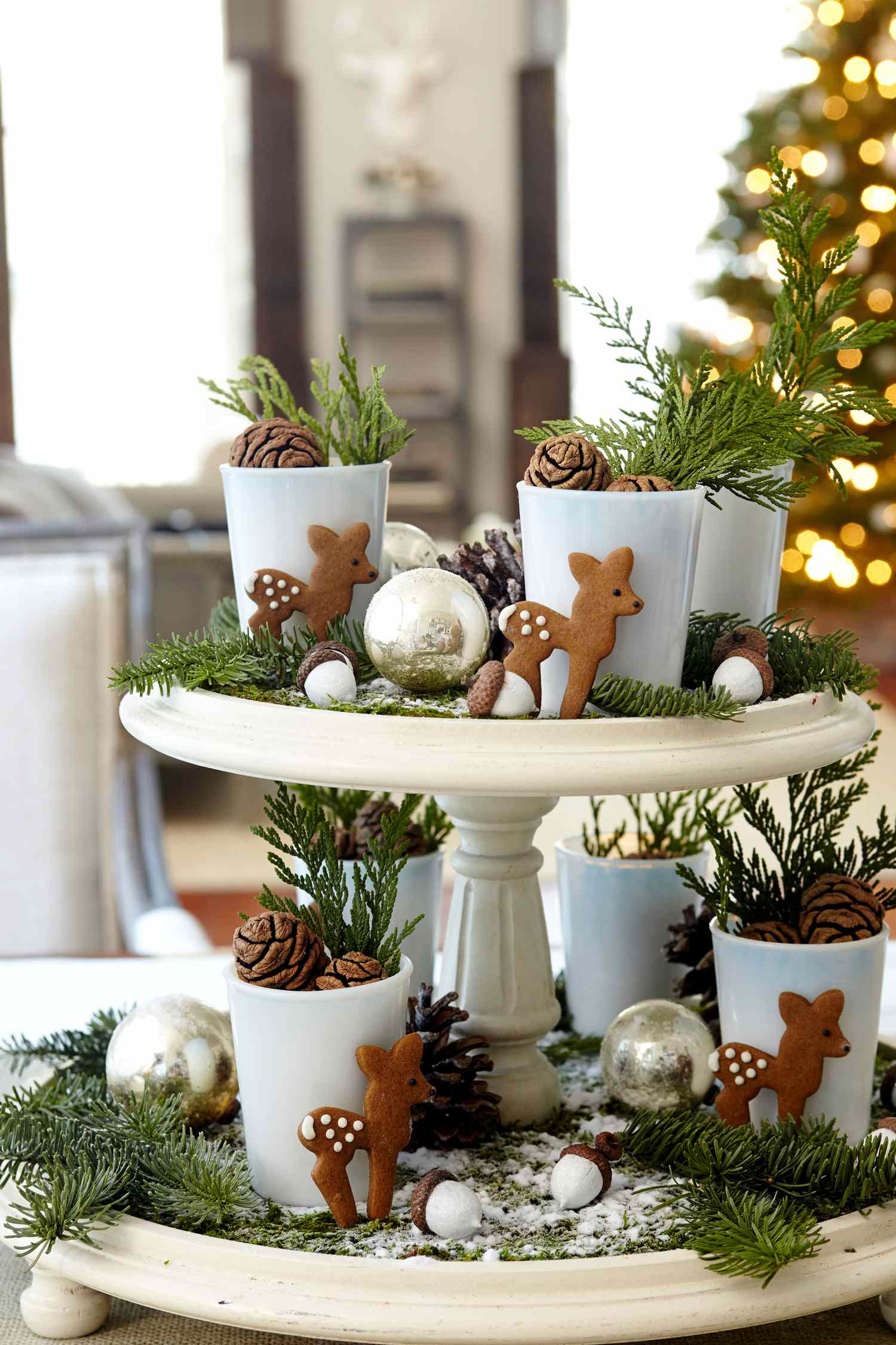 Whimsical Tiered Display with Gingerbread Deer Figures — Christmas Centerpiece