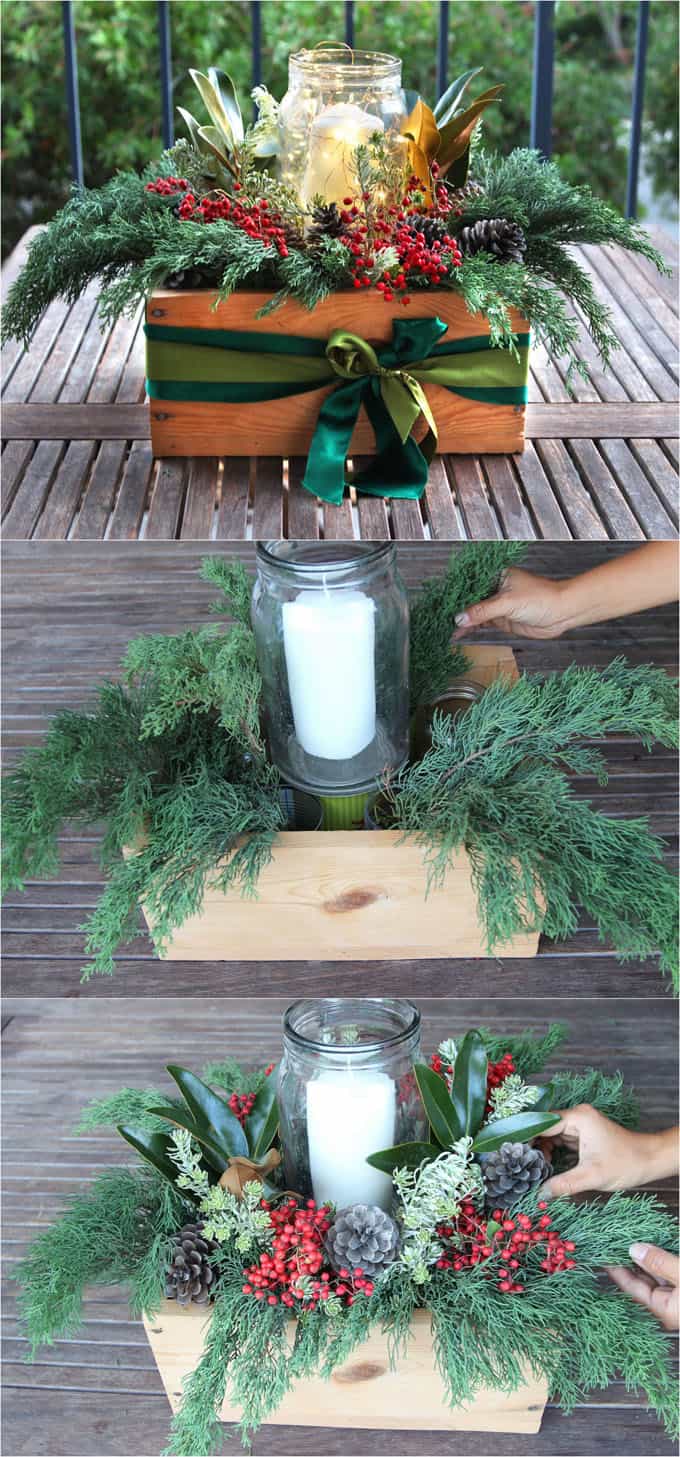 Rustic DIY Crate Centerpiece with Greenery and Red Berries — Christmas Centerpiece