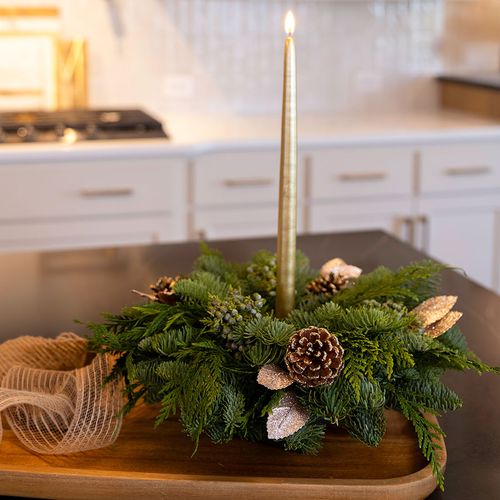 Traditional Evergreen Boughs with Gold Candle on Wood Tray — Christmas Centerpiece