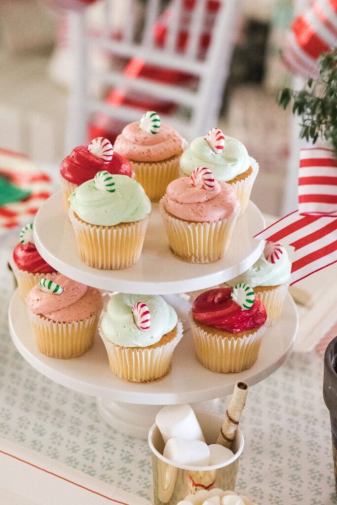 Pastel Christmas Cupcakes with Candy Cane Accents — Christmas Dessert Table