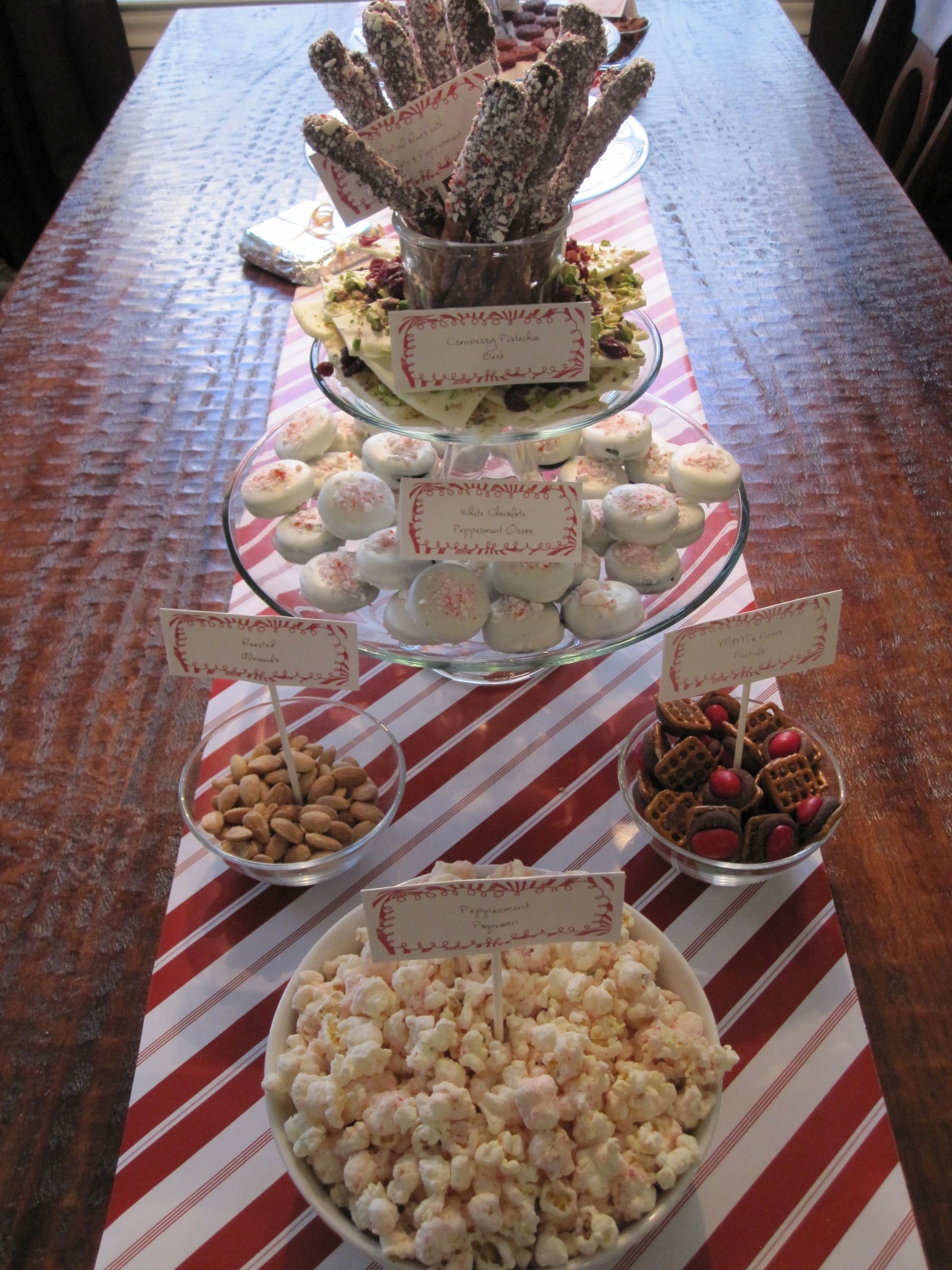 Linear Christmas Dessert Display with Red and White Accents — Christmas Dessert Table