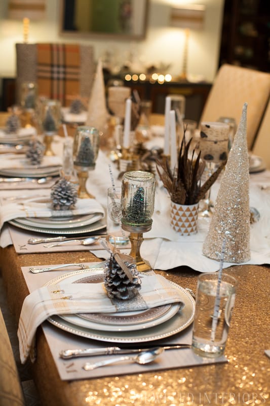 Rustic Glam Dining Table with Sequined Tablecloth and Glittered Trees — Christmas Party Decor