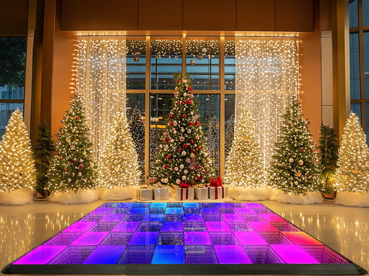 Modern Lobby Transformed with Illuminated Dance Floor and Trees — Christmas Party Decor