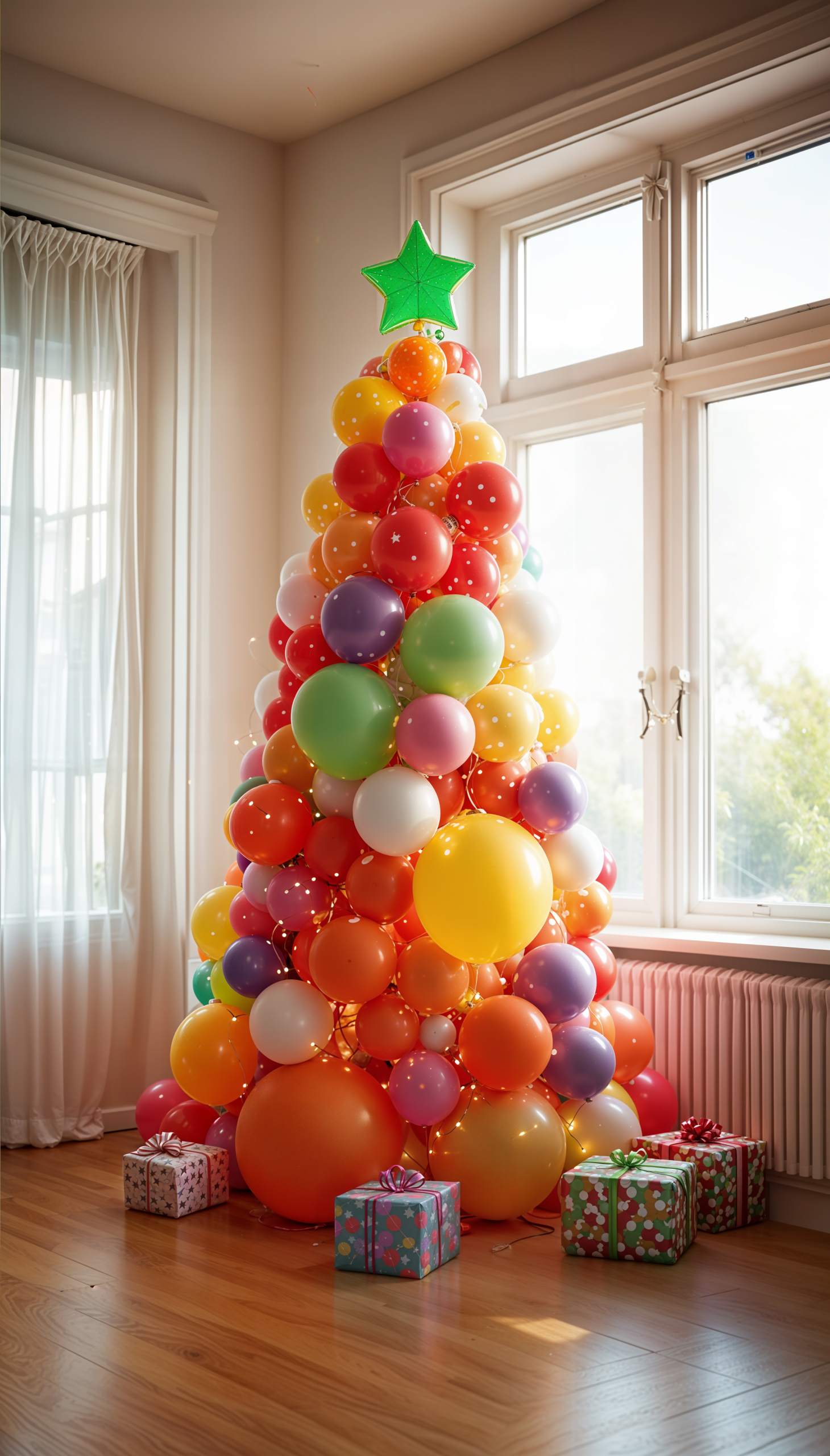 Modern Living Room Featuring a Unique Christmas Tree Made of Balloons — Christmas Party Decor