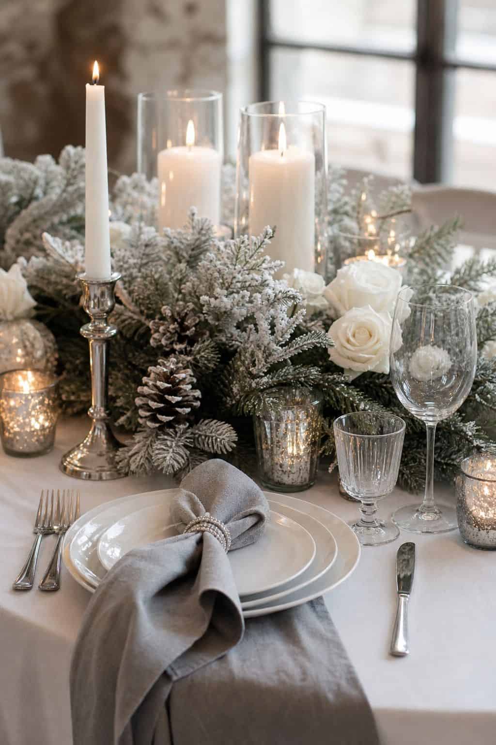 Elegant Tablescape with Frosted Greenery and Roses — Christmas Wedding Decor