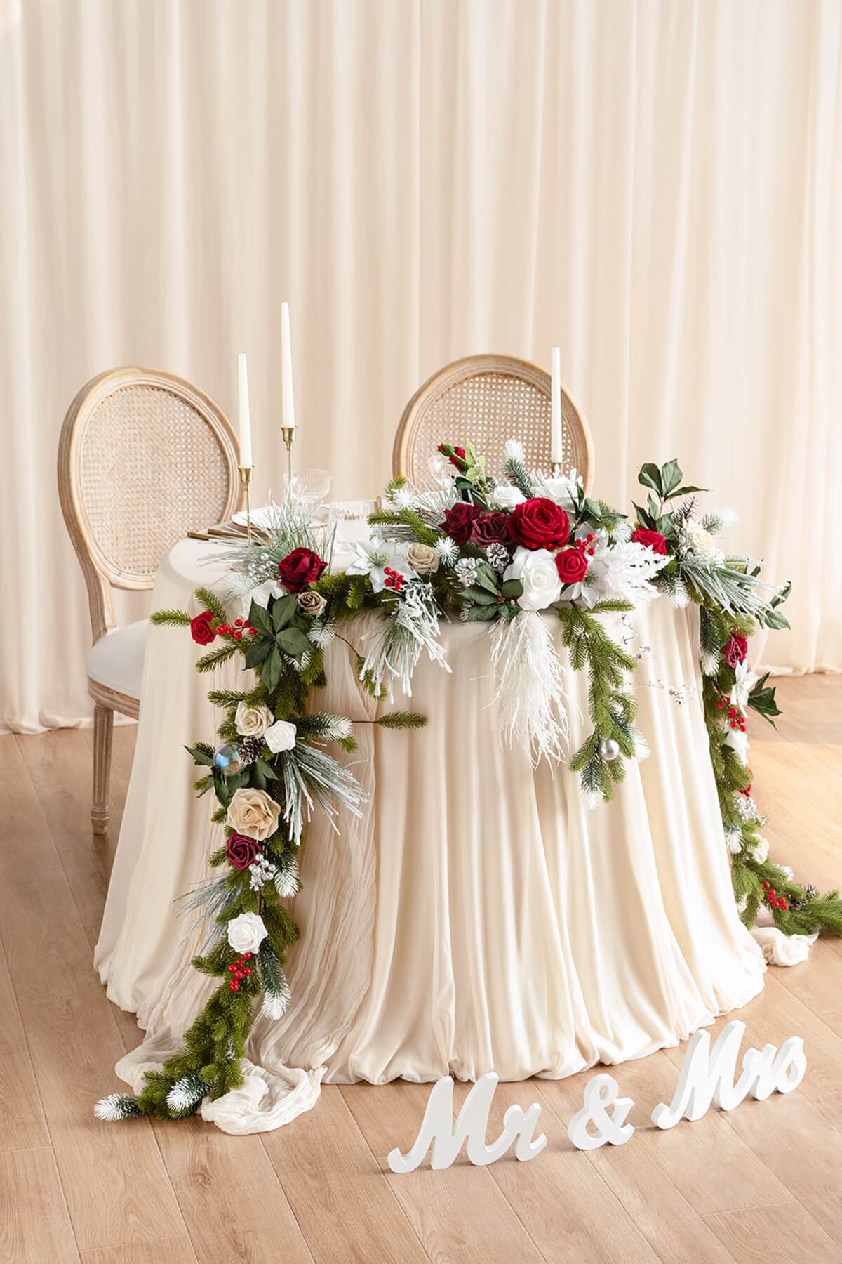 Romantic Table for Two with Festive Garland — Christmas Wedding Decor