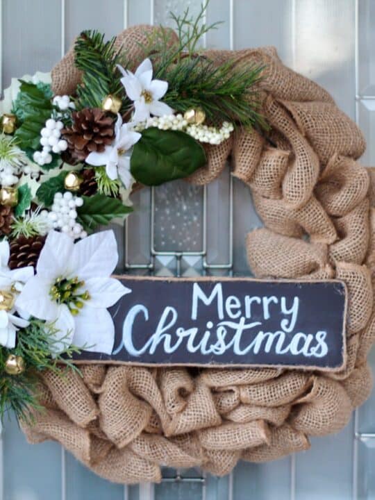 Farmhouse Burlap Wreath with Pinecones, Poinsettias, and Gold Bells — DIY Christmas Wreath