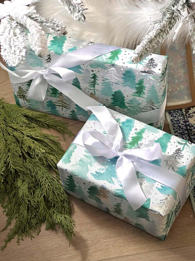 Teal and Green Tree Patterned Gifts with Evergreen Sprigs — Christmas Gift Wrapping