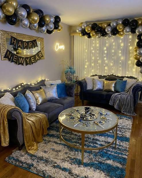 Glamorous Living Room with Abundant Balloons and 'Happy New Year' Banner — New Years Eve Party 2027