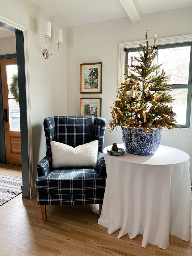 Entryway Vignette with Plaid Chair and Mini Tree Entryway Vignette with Plaid Chair and Mini Tree — Winter Decor After Christmas