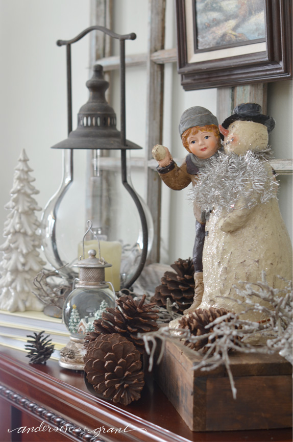 Mantel Display with Vintage Figurines and Lanterns Mantel Display with Vintage Figurines and Lanterns — Winter Decor After Christmas