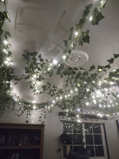 Boho Living Room Ceiling Decorated with Artificial Ivy and Fairy Lights — Christmas Fairy Lights Ceiling