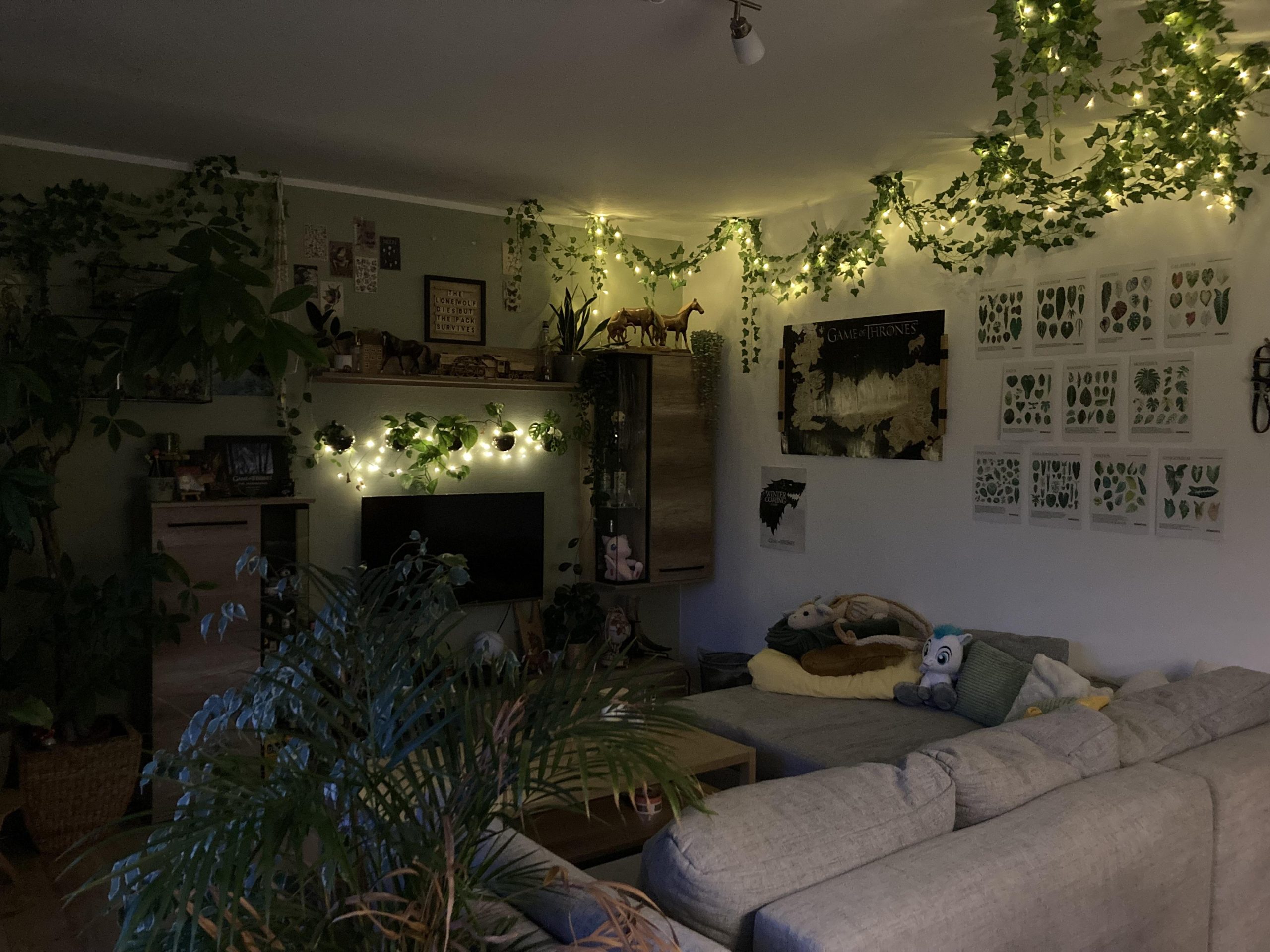 Wide Room Shot Boho Living Room Walls and Ceiling Draped in Fairy Lights and Ivy — Christmas Fairy Lights Ceiling