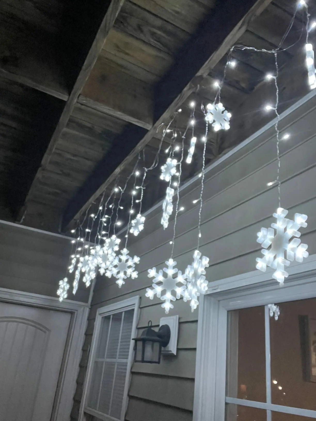 Porch Ceiling Adorned with Snowflake and Icicle Fairy Lights — Christmas Fairy Lights Ceiling