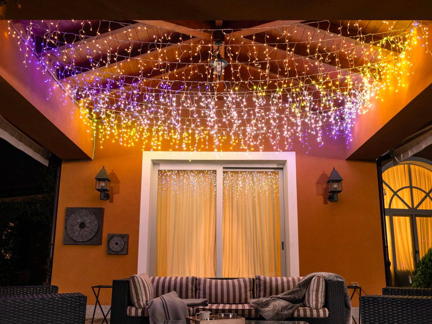 Covered Patio Ceiling with Cascading Purple and Yellow Fairy Lights — Christmas Fairy Lights Ceiling