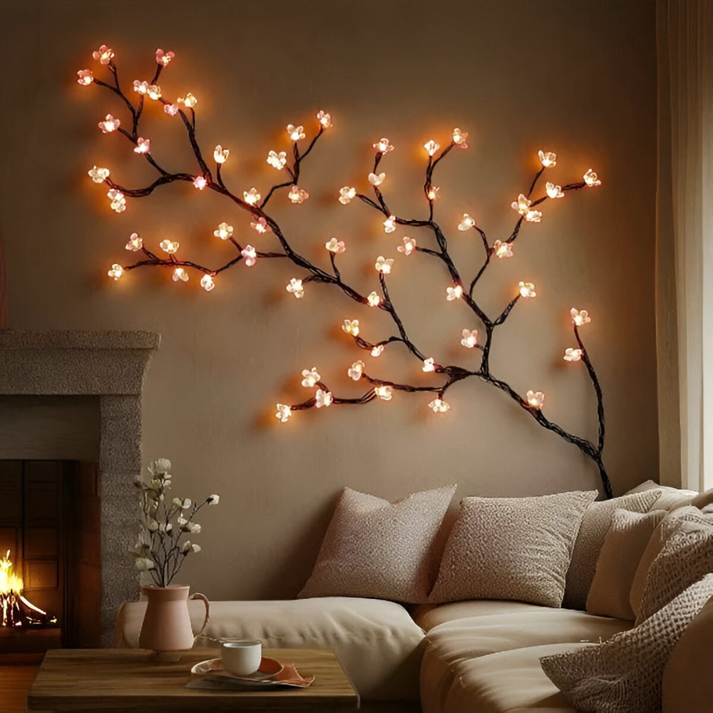 Cozy Living Room with Branch-Shaped Fairy Light Decor Cozy Living Room with Branch-Shaped Fairy Light Decor — Christmas Fairy Lights Wall