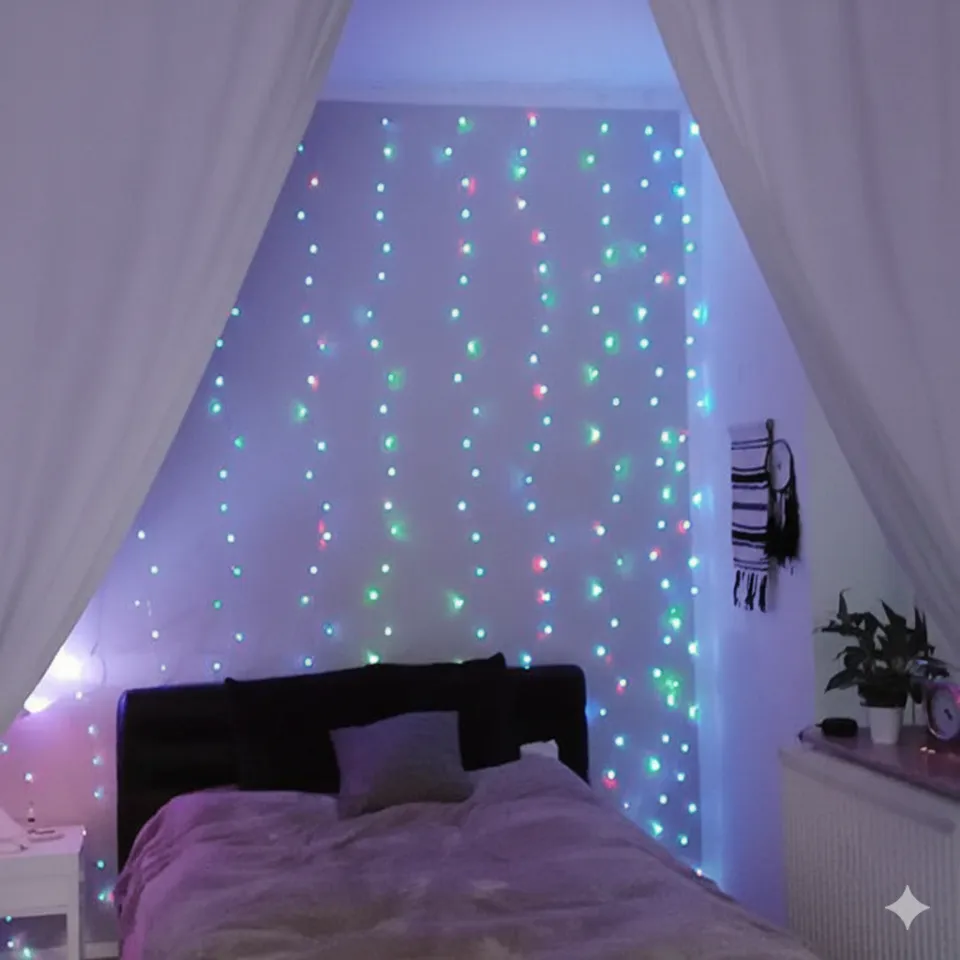 Boho Bedroom with Cascading Multicolored Fairy Lights Boho Bedroom with Cascading Multicolored Fairy Lights — Christmas Fairy Lights Wall