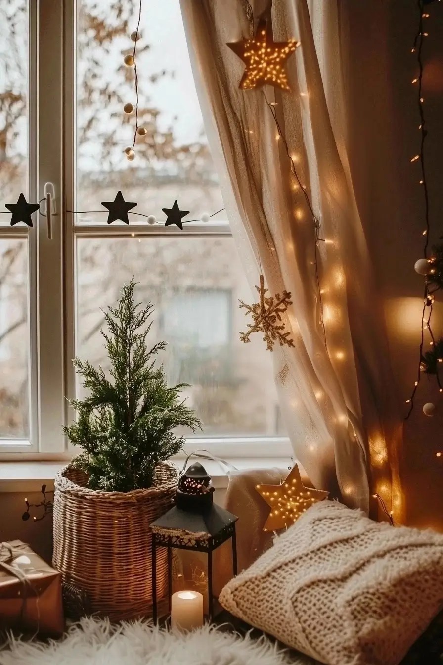 Cozy Window Vignette with Fairy Lights and Winter Textures — Christmas Fairy Lights Window