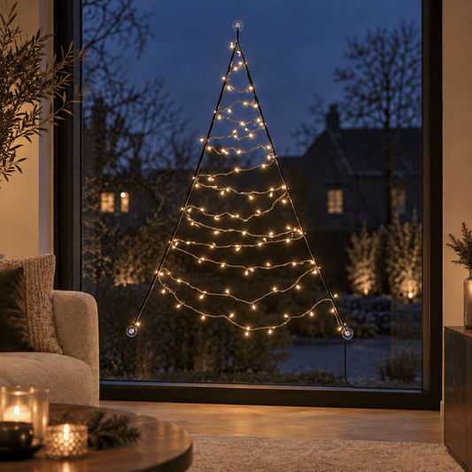 Large Wireframe Christmas Tree Light for a Dramatic Window Silhouette — Christmas Fairy Lights Window