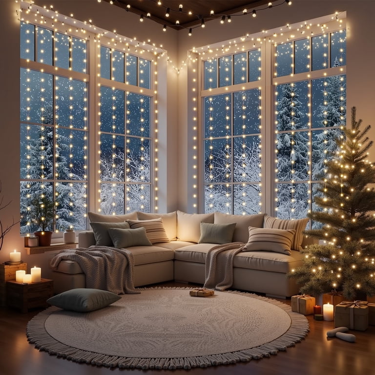 Cascading Fairy Lights Draped Across Large Living Room Windows — Christmas Fairy Lights Window