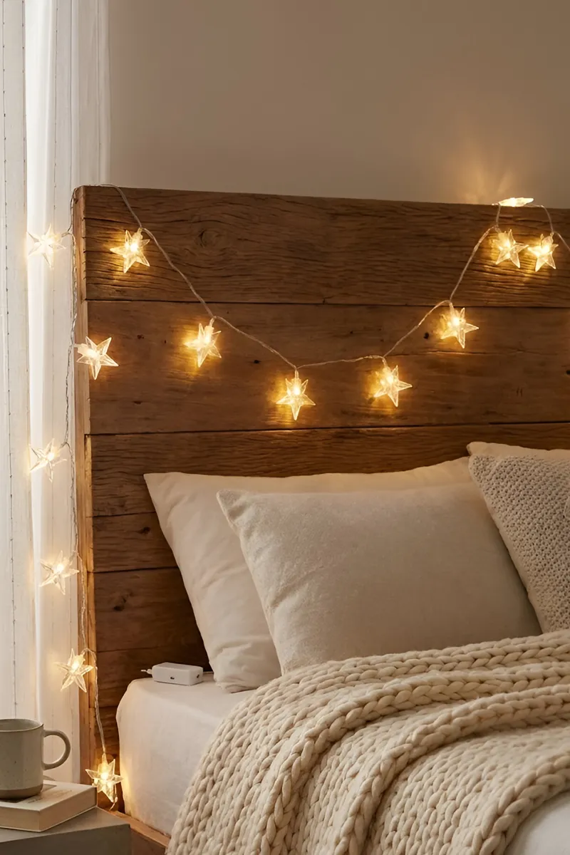 Modern Wooden Headboard Illuminated by Star-Shaped Fairy Lights — Christmas Fairy Lights Headboard