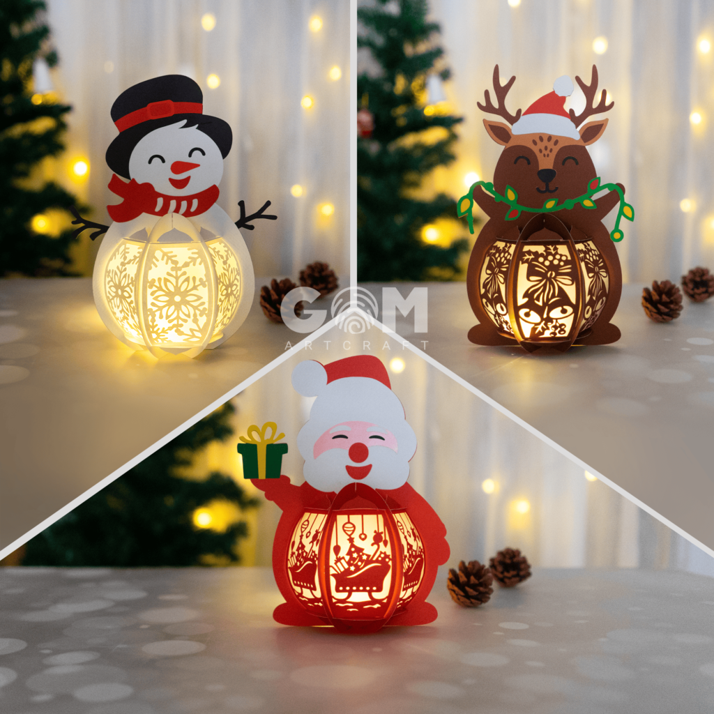Festive Paper Lanterns Shaped Like Snowman, Reindeer, and Santa — Christmas Lantern Lights