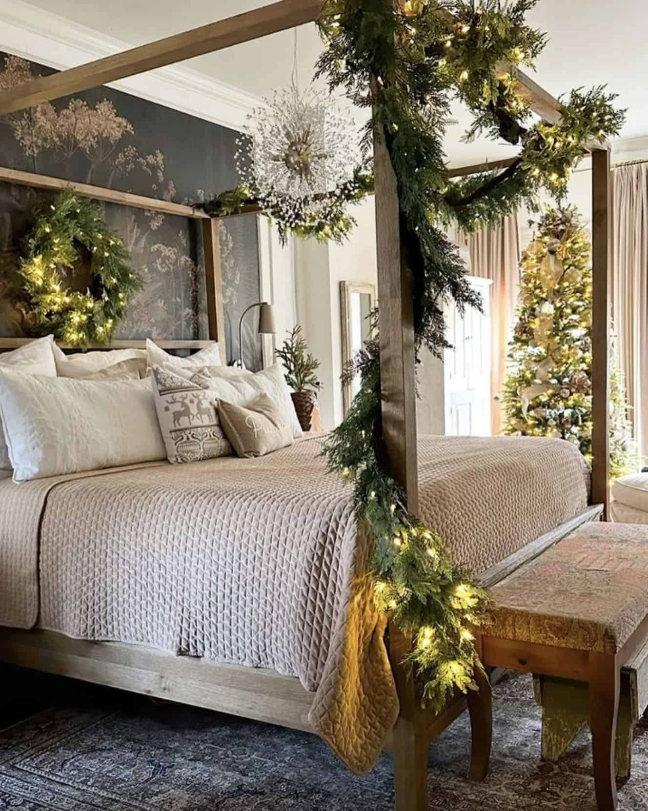 Glamorous Canopy Bed with Evergreen Garland and Lights — Christmas Bedroom Decor
