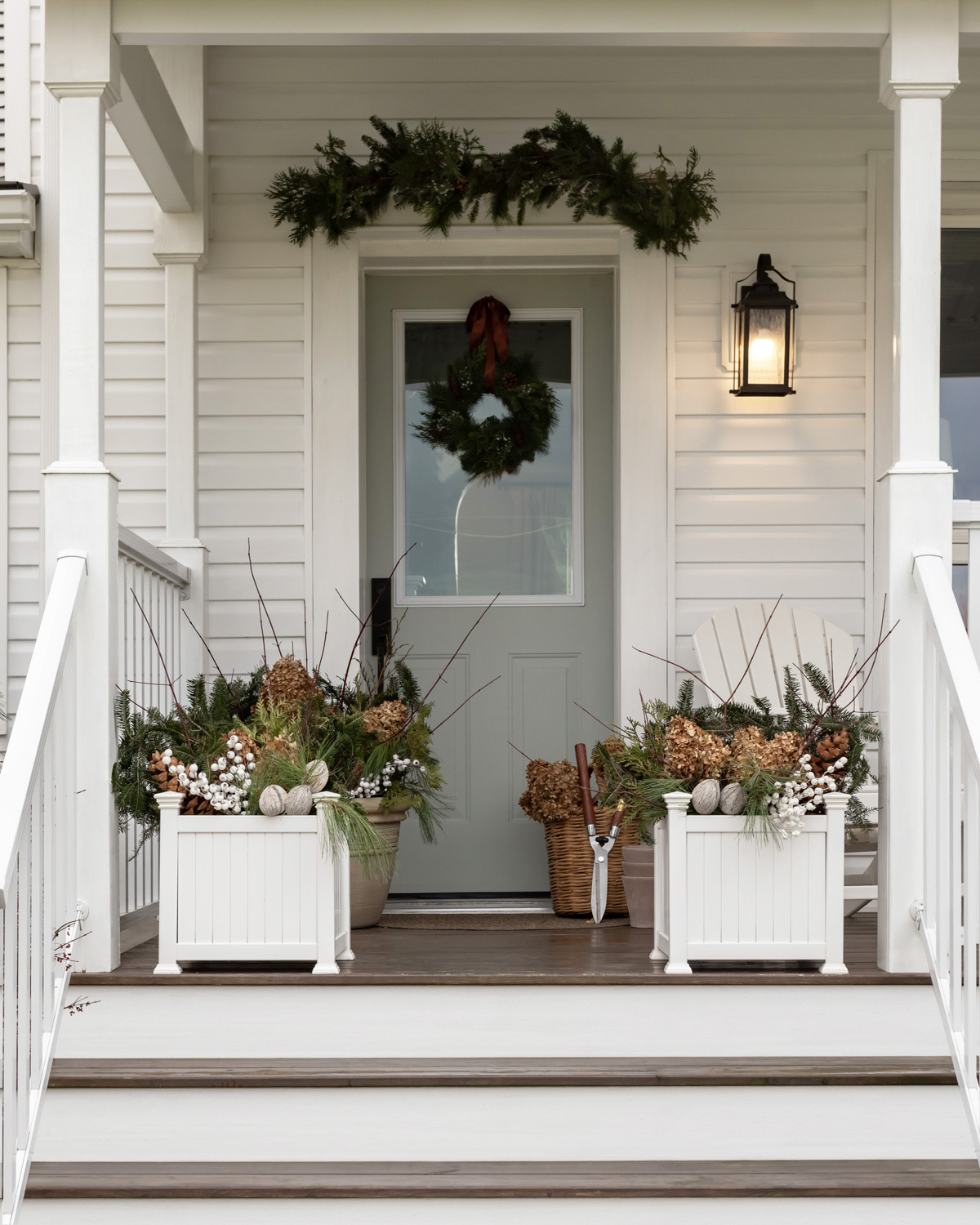 White Wooden Planters with Evergreen and Dried Hydrangeas — Christmas Porch Planters
