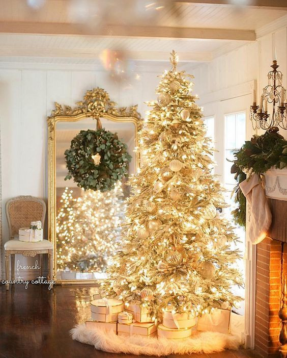 Tree Centered Fireplace Visible Visual Idea — Gold Christmas Decor