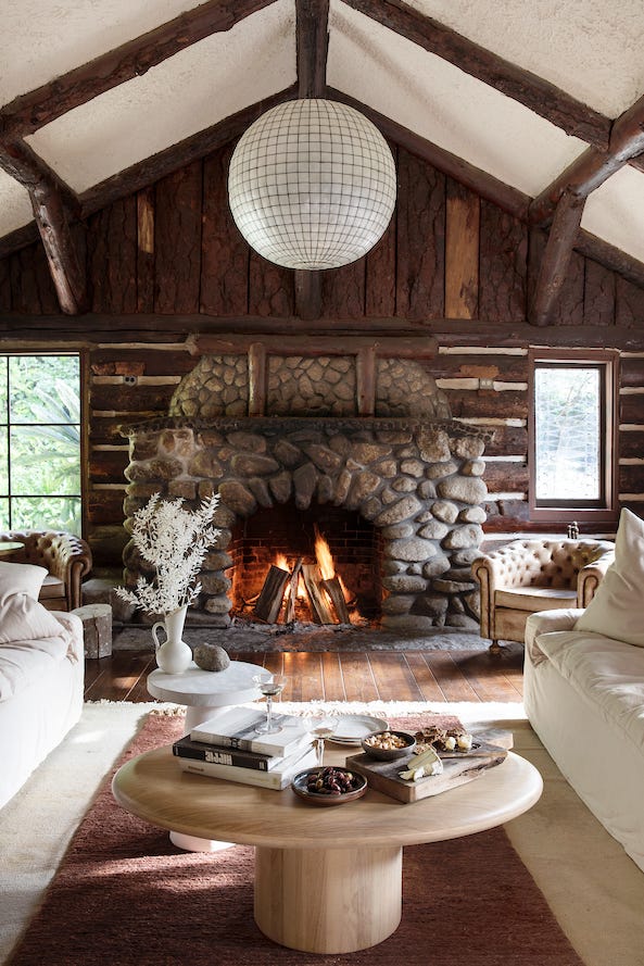 Rustic Cabin Living Room with Stone Fireplace — Winter Home Decor