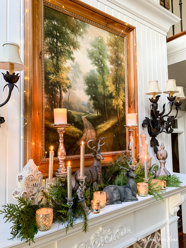 Traditional Mantel with Brass Accents and Deer Figurines Traditional Mantel with Brass Accents and Deer Figurines — Winter Mantel Decor