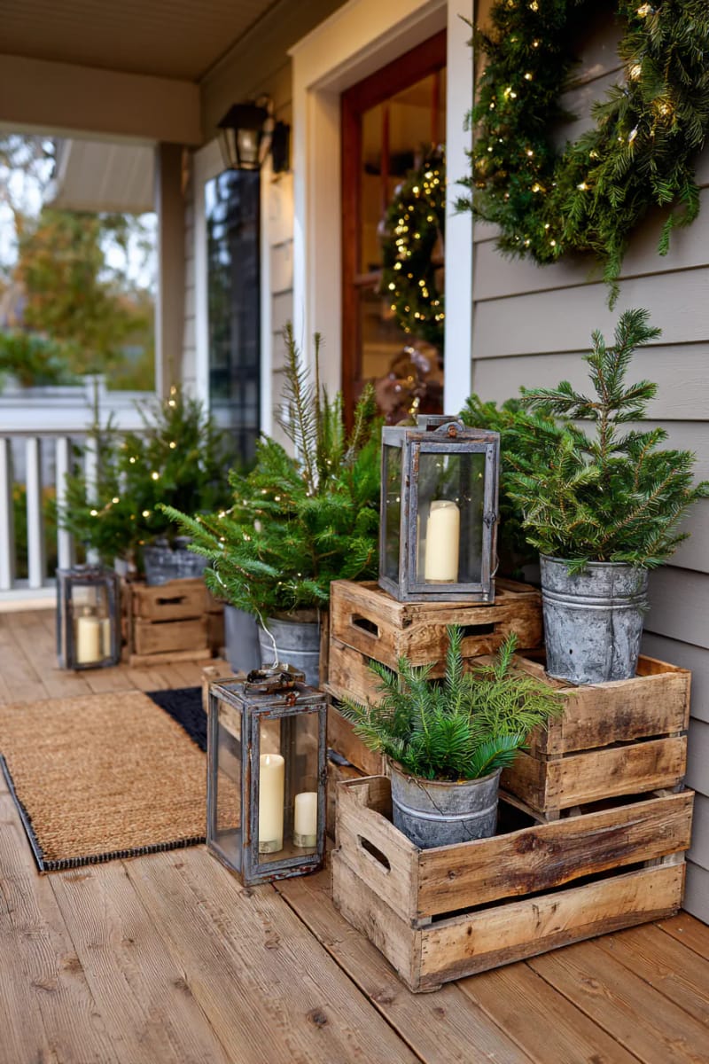 Rustic Galvanized Planters on Wooden Crates with Lanterns — Christmas Porch Planters