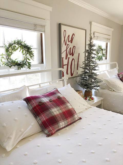Transitional Bedroom with 'Ho Ho Ho' Sign and Wreaths — Christmas Bedroom Decor