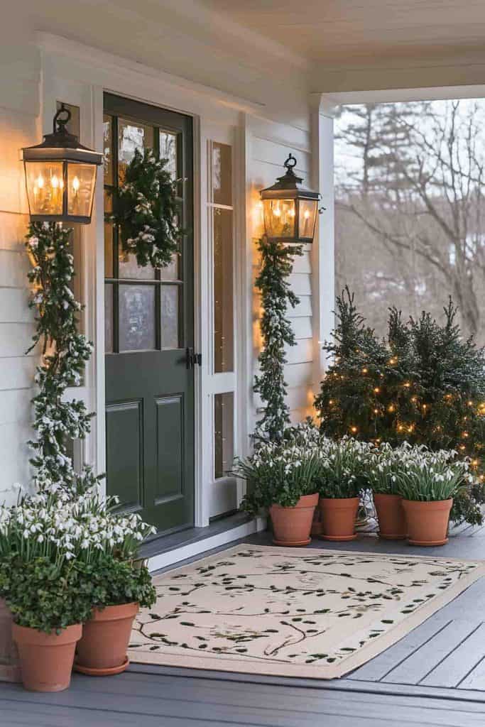 Magical Cottage Porch with Snow-Dusted Greenery and Evening Lights Magical Cottage Porch with Snow-Dusted Greenery and Evening Lights — Winter Porch Decor