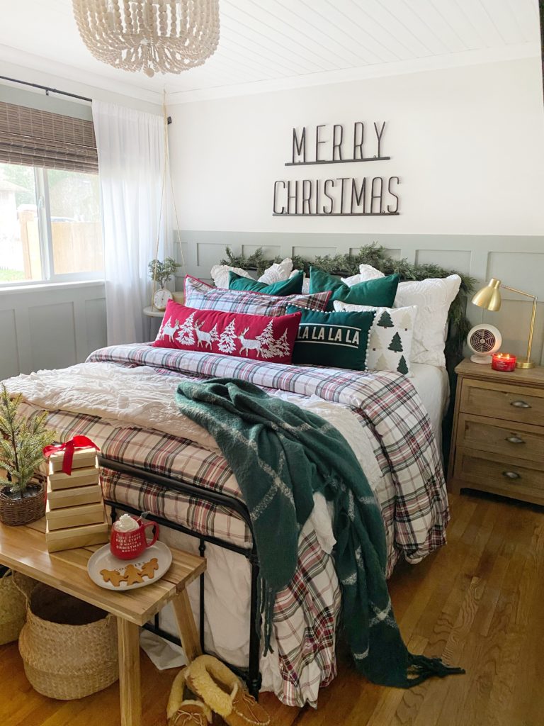 Modern Farmhouse Bedroom with Bold Plaid and Garland — Christmas Bedroom Decor