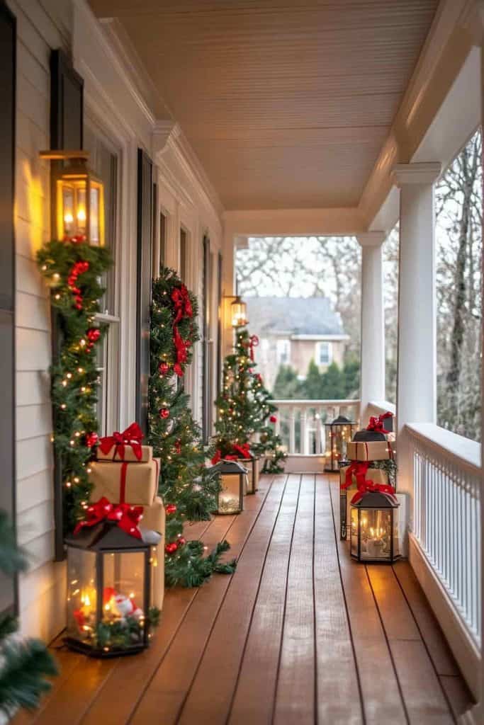 Festive Porch Scene with Miniature Trees and Glowing Lanterns — Christmas Porch Planters