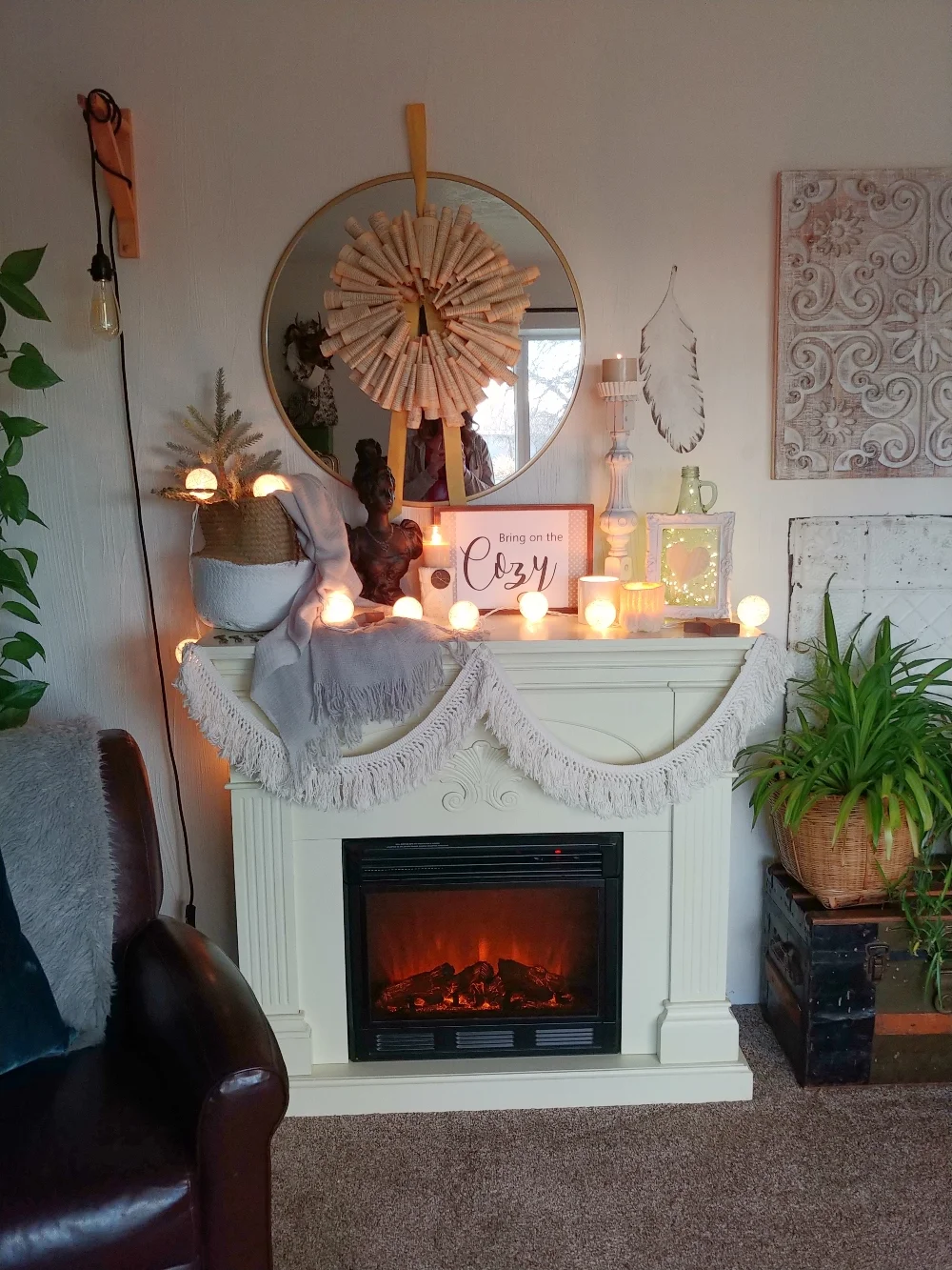Boho Mantel with Textured Garland and Cozy Lighting Boho Mantel with Textured Garland and Cozy Lighting — Winter Mantel Decor