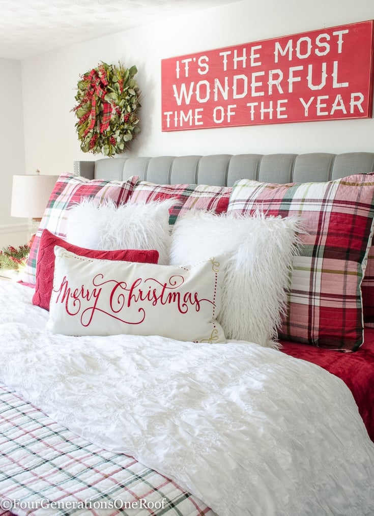 Farmhouse Bedroom with 'Merry Christmas' Sign and Wreath — Christmas Bedroom Decor