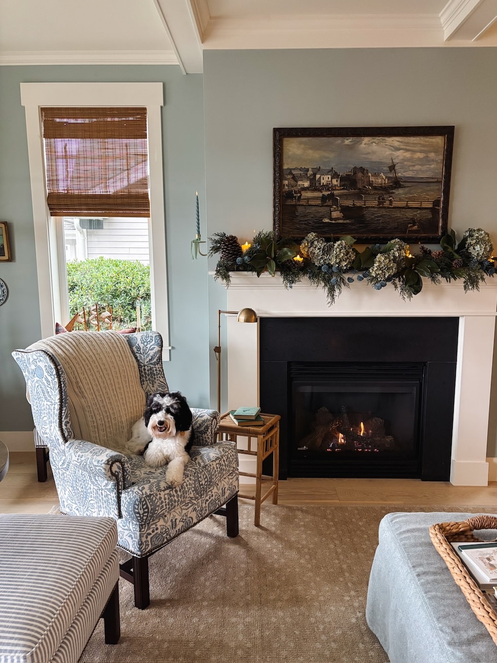 Traditional Fireplace with Festive Garland and Armchair — Winter Home Decor